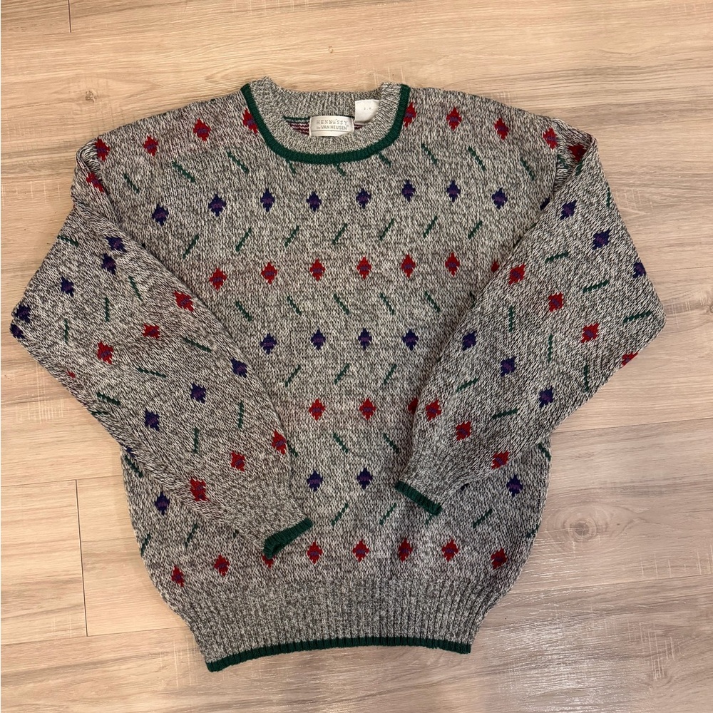 Vintage Patterned Crewneck Sweater - Gray with Red & Purple Accents